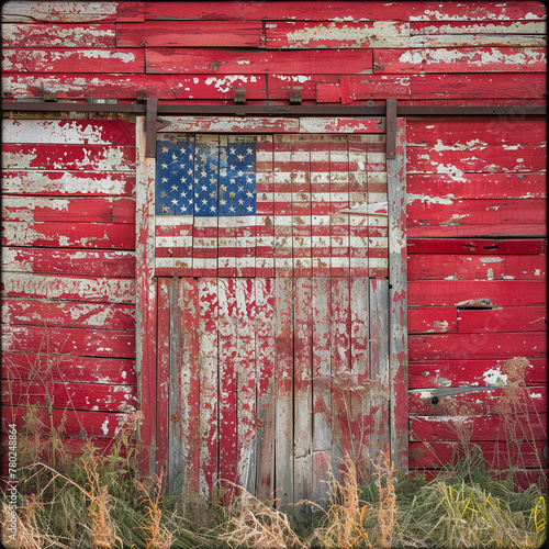 A rustic American flag on a barn