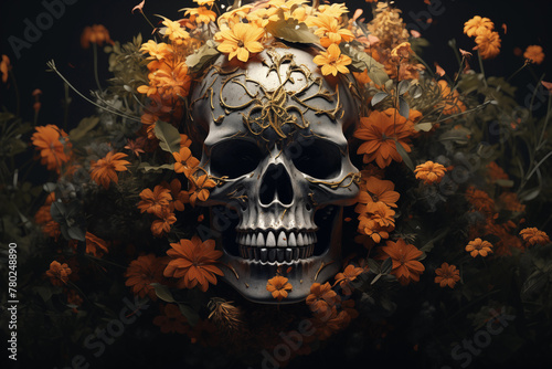 Human skull in orange flowers. Dia de los muertos