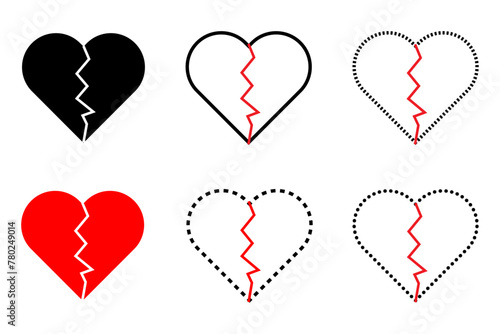 Broken heart silhouettes of various shape symbols vectors.