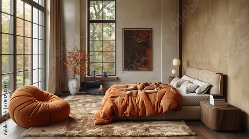 Modern Bedroom Interior with Large Window and Autumn View