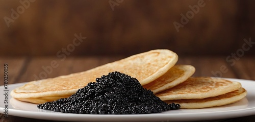 Pancakes with caviar for breakfast highlight luxury morning meal. Golden stack of thin pancakes or blini topped with black caviar © panophotograph