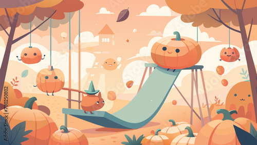In this whimsical illustration a pumpkin patch is transformed into a wonderland of magical creatures. Cute pumpkinheaded animals roam around