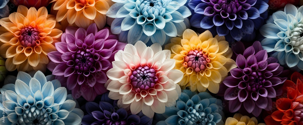 Vibrant top-down perspective of a cluster of dahlias against a solid backdrop, ideal for text overlay.