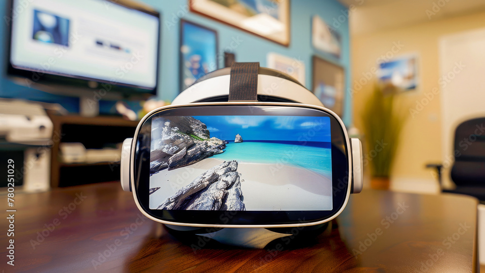 A virtual reality headset on a desk, displaying a tropical beach landscape, offering an immersive technological experience. A virtual reality headset on a desk, displaying a tropical beach landscape, offering an immersive technological experience.