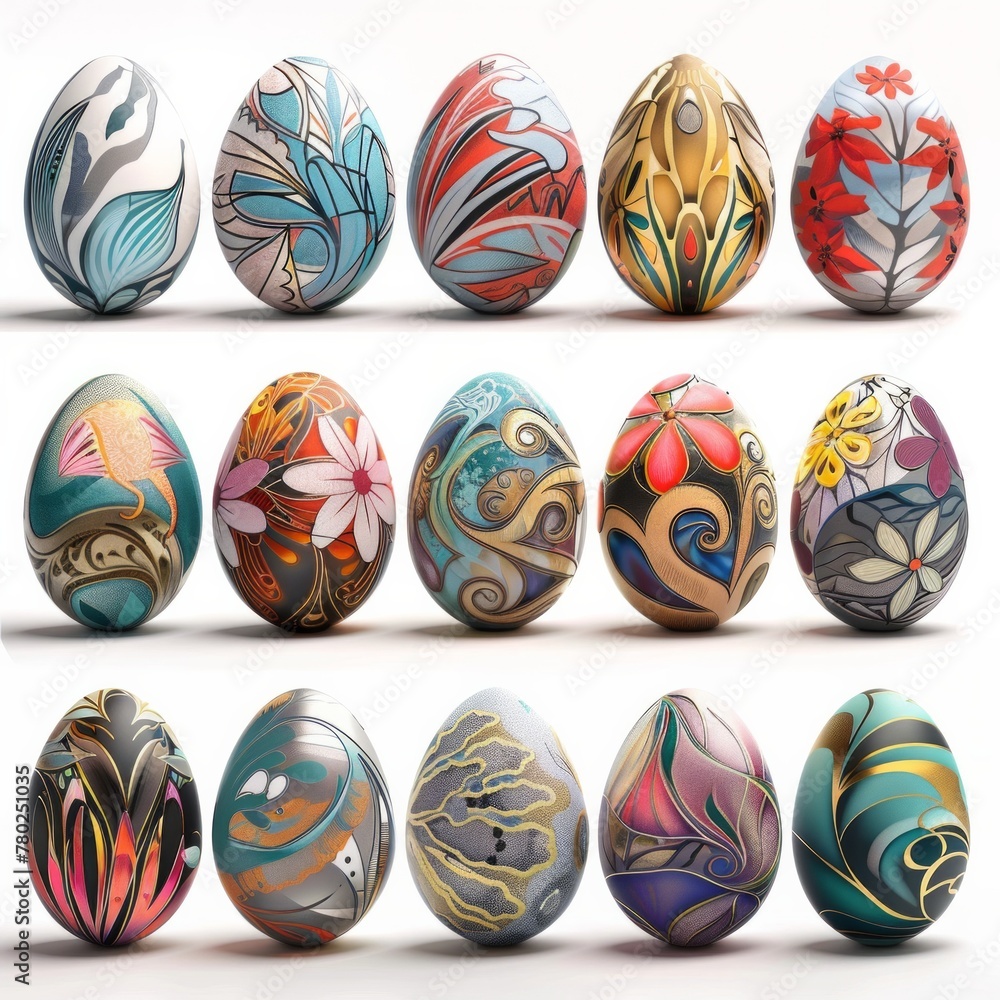 A series of 3D Easter egg designs inspired by various art styles, AI Generative