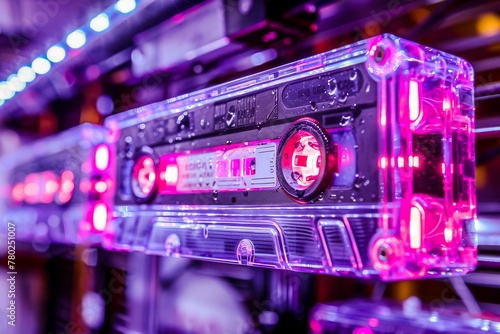 Retro audio cassette tape with neon pink lighting, symbolizing vintage music and technology from the 1980s and 90s.