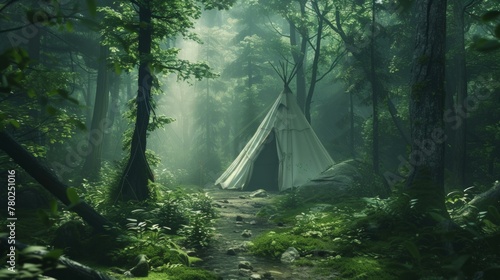 a tent in the middle of the forest, exotic landscapes, lush green forest, ancient trees, AI Generative
