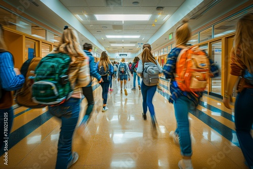 Group of teenagers with backpacks hurrying along a school corridor, capturing the energy of school life.