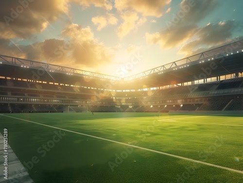 Impressive D Rendered Soccer Stadium Bathed in Sunset Glow and Dramatic Atmosphere