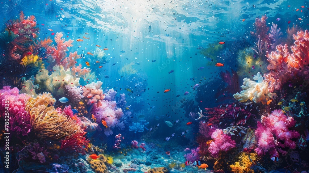 Underwater marvel, a vibrant coral reef teeming with life, fish groups navigating the clear blue ocean, AI Generative