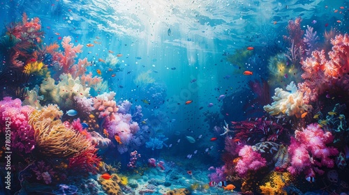 Underwater marvel, a vibrant coral reef teeming with life, fish groups navigating the clear blue ocean, AI Generative