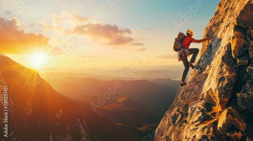 Young man climbing a rugged mountain peak, AI Generative