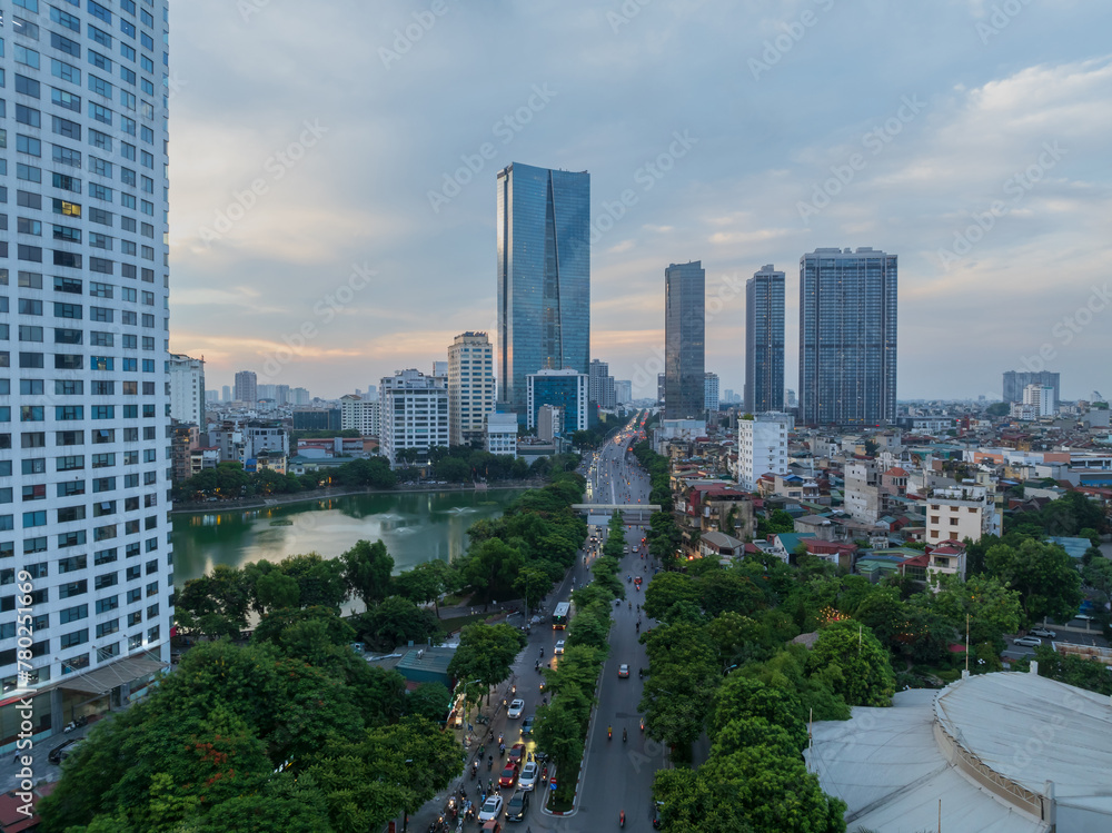 Naklejka premium Aerial skyline view of Hanoi cityscape at sunset in Nguyen Chi Thanh street