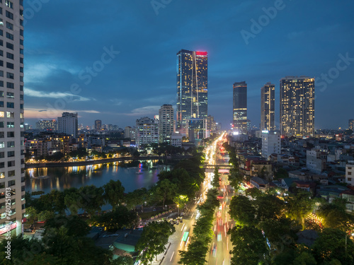 Aerial skyline view of Hanoi cityscape at sunset in Nguyen Chi Thanh street © Hanoi Photography