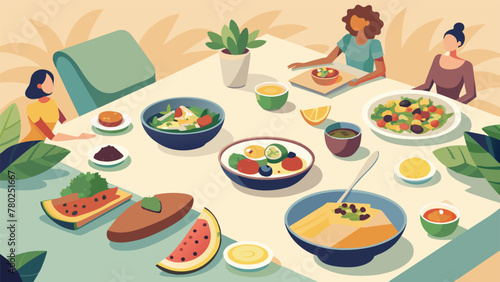 A beautiful spread of colorful dishes fills the table as a group of friends laugh and pass around plates at the PlantBased Potluck. From savory