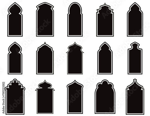 Islamic frames, oriental style objects. Arabic shapes, windows and arches. Traditional ornamental banner, frame. Muslim holidays, Ramadan Kareem. Modern eastern architecture. Vector illustration.EPS10