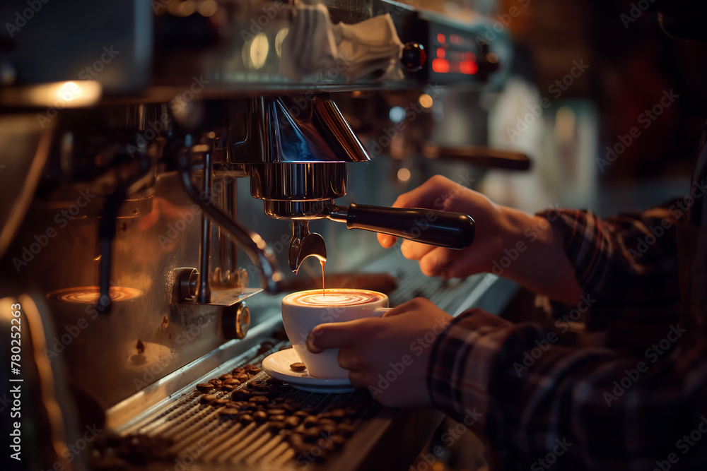 Naklejka premium Barista makes coffee for customers at cafe or restaurant