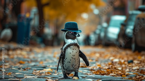 Dapper penguin struts through city streets in tailored elegance, embodying street style. The realistic urban backdrop frames this formally attired bird, seamlessly merging Antarctic charm with contemp photo