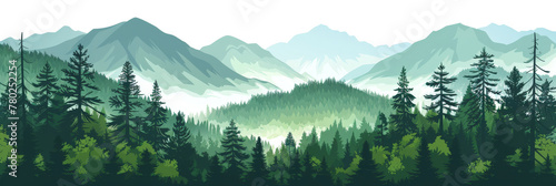 green forest landscape, illustration of a green pine tree forest with mountains, green forest watercolor baackground photo