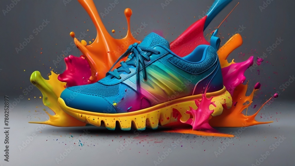 capture the vibrant essence of trendy living with our dynamic lifestyle banner featuring stylish shoes amidst a burst of colorful splashing shapes.