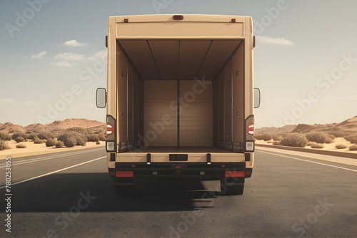Empty truck body for transporting large cargo on the background of the road, generated by  ai photo