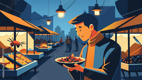 A solo traveler wandering through a bustling night market intrigued by the array of unfamiliar foods on display. They take a chance on a plate