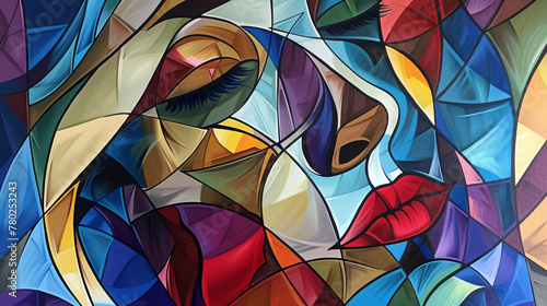 A colorful painting of a woman s face with a red lip