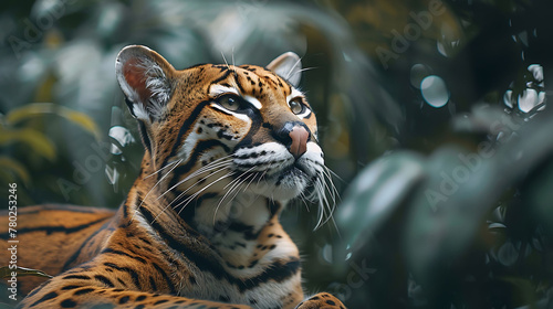 closeup of an Ocelot sitting calmly, hyperrealistic animal photography, copy space for writing