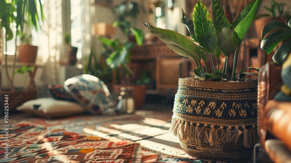 Bohemian Style Living Room with Indoor Plants and Woven Decor Bohemian Style Living Room with Indoor Plants and Woven Decor