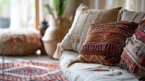 Elegant Boho Chic Sofa with Textured Throw Pillows and Knitted Blanket