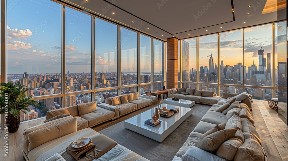 Naklejka premium Modern Penthouse Living Room with City Skyline View at Sunset