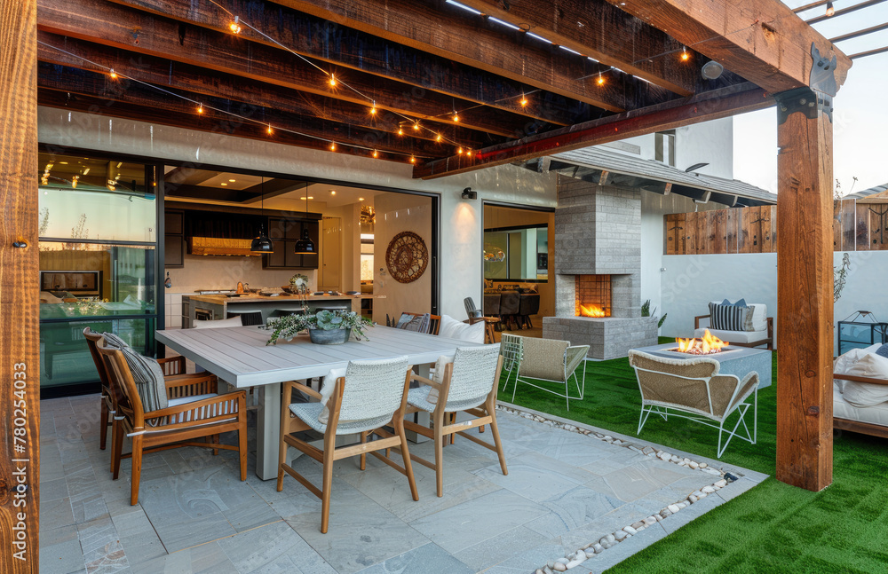 A modern and elegant patio with an outdoor living area featuring a black steel frame, wood beams, a white stone table in the center of the courtyard