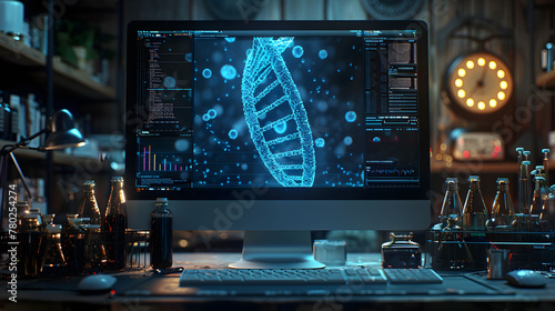 Modern science laboratory with cabinets, research desks, computers and other analytic equipment. Generative AI