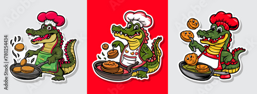 Set of alligator chef cooks pancakes in a fun sticker vector illustration. Generative AI