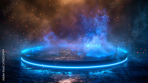 Podium light hologram tech technology background portal circle cyberpunk effect digital. Game element podium hologram light blue Hud future futuristic data concept neon cyber. Generative ai