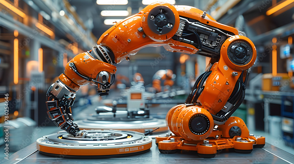 Robotic arm installing a processor on a production line. The concept of automation and robotics. Generative ai	