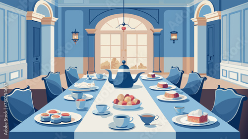 An elegant dining room in a stately English manor where guests are served a lavish spread of scones jams and clotted cream along with a variety