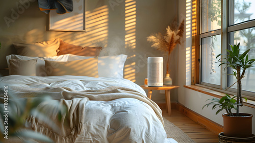 Inviting hotel bedroom with a plush bed bathed in warm light. Generative ai photo