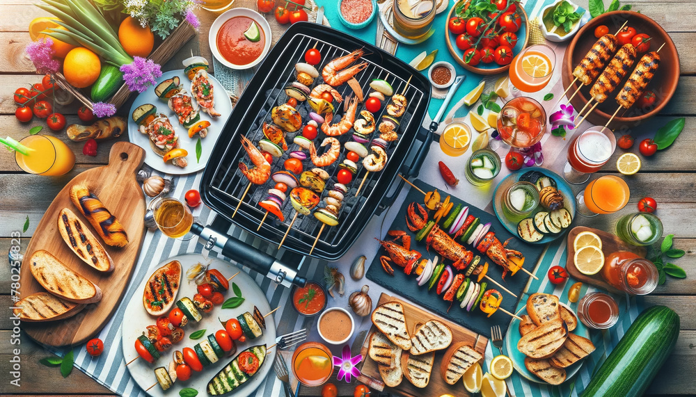 Top-down view of an Italian summer BBQ party, featuring grilled seafood, vegetable skewers, bruschetta, and summer cocktails, set outdoors with festive decorations