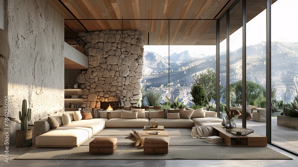 Fototapeta premium Modern Living Room with Panoramic Mountain View