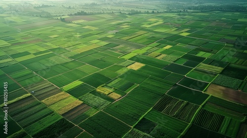 An aerial shot of a sprawling farm complex shows a variety of crops growing side by side with no visible signs of pests or disease. This image captures the success of the Green Revolution .