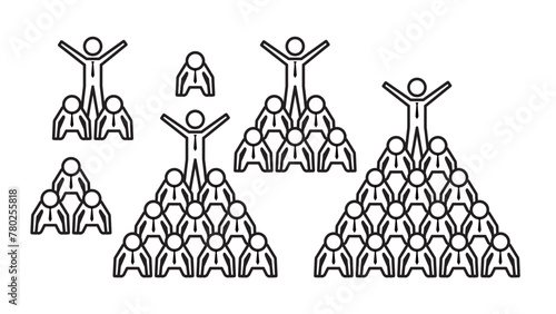 Pictogram of a human figure, set of human pyramid poses of a businessman wearing a tie, line width variable