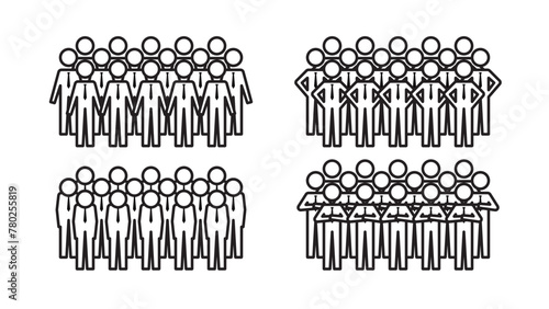 Pictogram of a human figure, set of various group poses of a businessman wearing a tie, line width variable