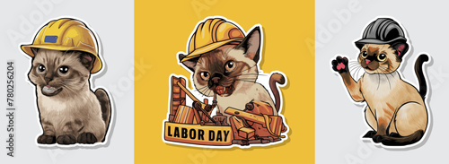 Set of cat wears a hard hat, joining Labor Day construction vector illustration. Generative AI