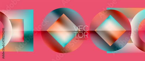 Squares and circles design. Fluid color gradients with metallic effects. Serene synergy of shapes, merging squares and circles into harmonious, captivating design