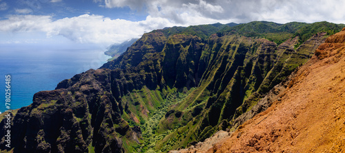 Panoramic landscape view of Na Pali coastline in dramatic style, Kauai, Hawaii