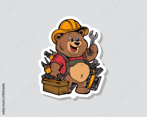 Bear with wrench and toolbox celebrates Labor Day sticker vector illustration. Generative AI