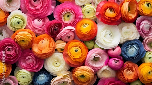 Top-down perspective of vibrant ranunculus flowers in various hues, offering a serene backdrop for your customized message.