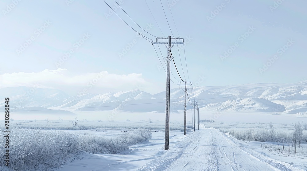 A tranquil, snow-blanketed landscape with power lines running alongside a solitary road amidst gently rolling winter hills. Snow-Covered Road with Power Lines in Winter


