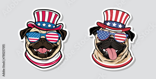 A patriotic pug dog wearing sunglasses and a hat in a sticker-style vector illustration. Generative AI